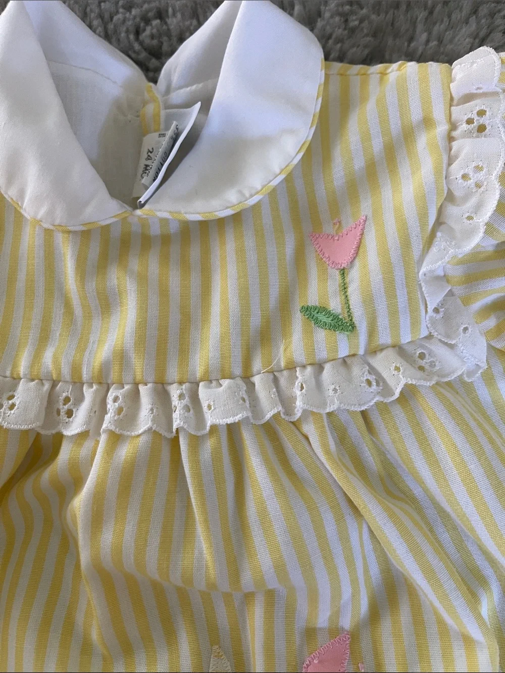 Vintage Yellow Striped Baby Romper with Floral Giraffe Appliqué